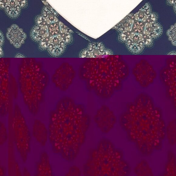 Ann Taylor Womens Medium Blouse Navy Blue Batik Print Long Sleeve V Neck Office - Picture 2 of 6